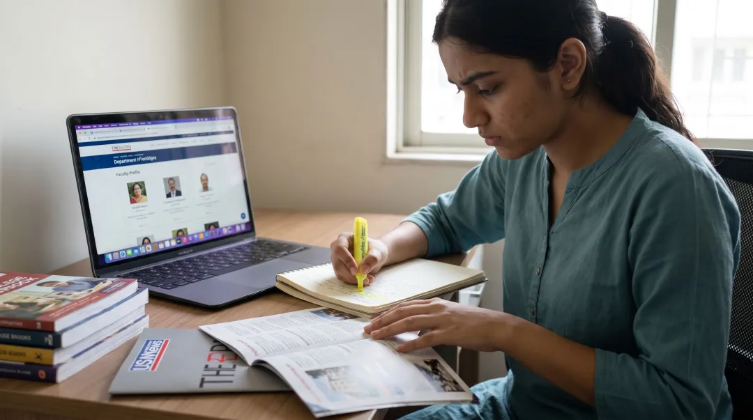 Student researching specific college programs faculty and campus community before interview