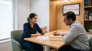 Student confidently answering college interview question with thoughtful self-reflection