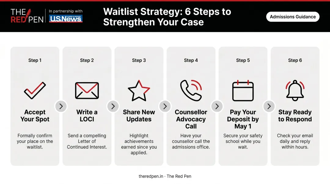 6-step college waitlist strategy process from confirmation to deposit deadline