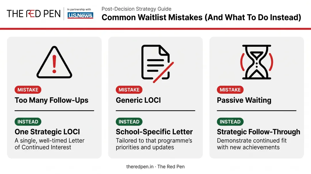 Three common college waitlist mistakes and what to do instead comparison infographic