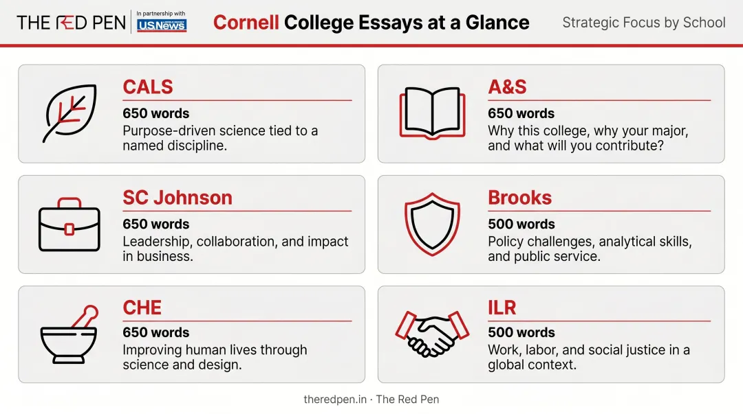 Cornell college-specific essay focus areas by school side-by-side comparison infographic
