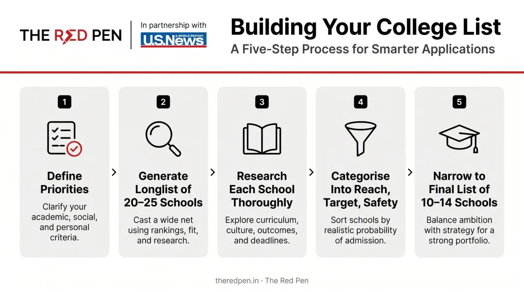 5-step college list building process flow from priorities to final list