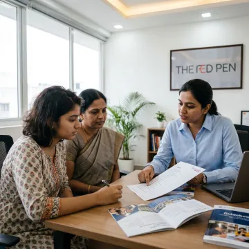Student consulting with college admissions advisor