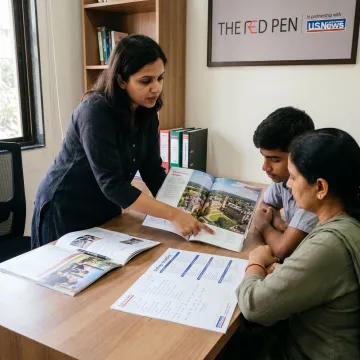 Student and parent meeting a UK education consultant