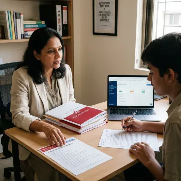 Student reviewing Harvard application with admissions consultant
