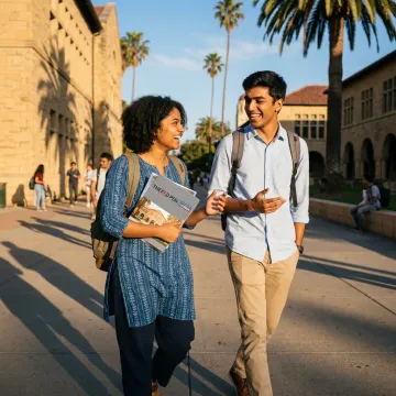 Stanford University campus with students and admissions materials