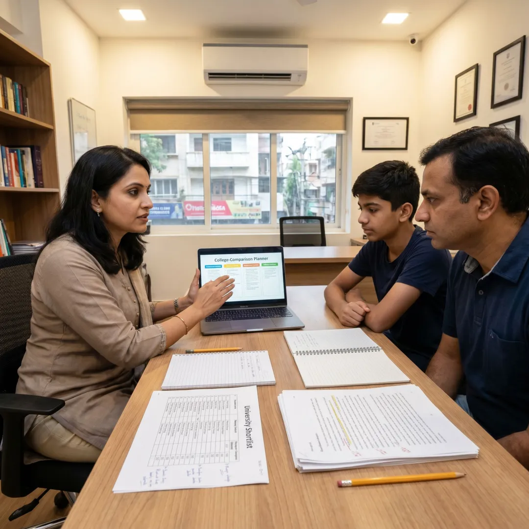 Student and consultant reviewing university application materials