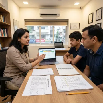 Student and consultant reviewing university application materials