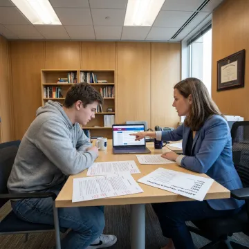 Student and admissions consultant reviewing university applications