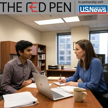 Student practising a mock university interview with an education consultant