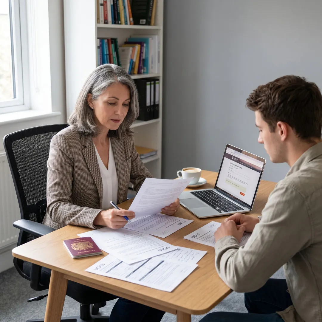 Consultant guiding a student through UK university application documents