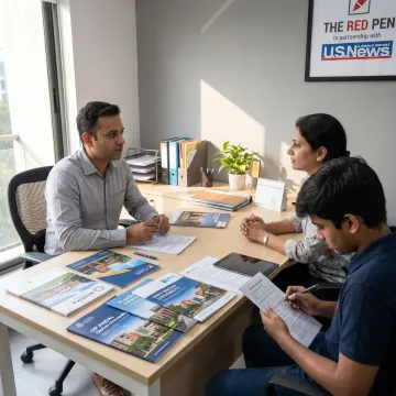 Student and parent meeting a study abroad consultant