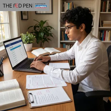 Student planning college applications online with consultant
