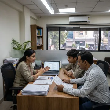 Study abroad consultant advising student and parent in Indore