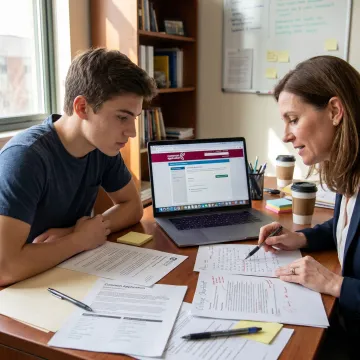 Student reviewing study abroad applications with consultant
