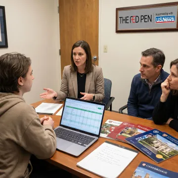 Student and parents consulting on study abroad admissions