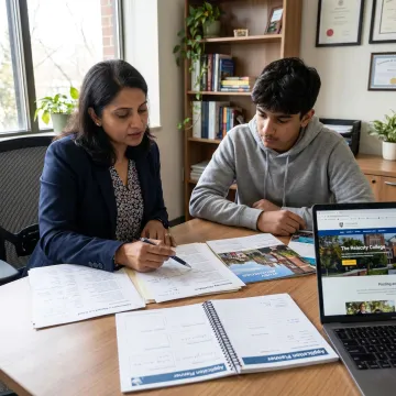 Education consultant reviewing university options with student