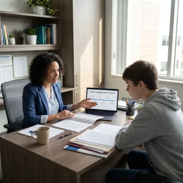 Education counselor reviewing university application plan with student