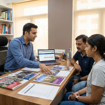 International college counselor advising a student and parent