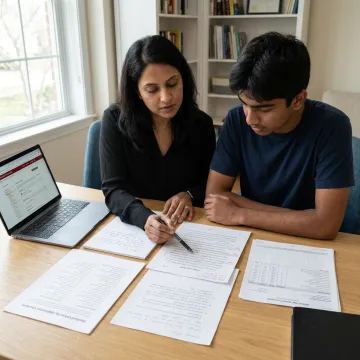 Admissions consultant reviewing a Stanford application plan with a student
