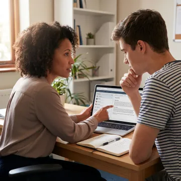 Student and counsellor reviewing study abroad application plans
