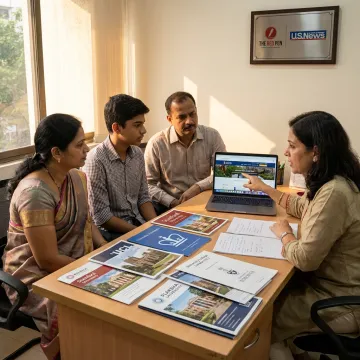 Indian student planning study abroad applications with counsellor