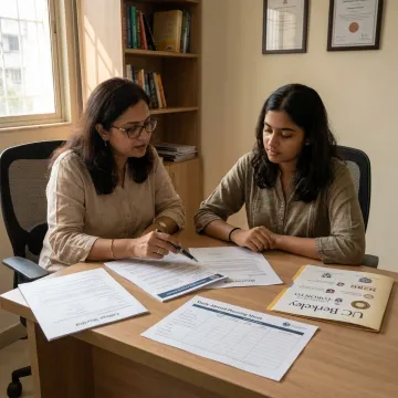 Counsellor reviewing overseas study documents with a student