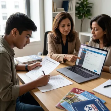 Education consultant reviewing US university applications with a student