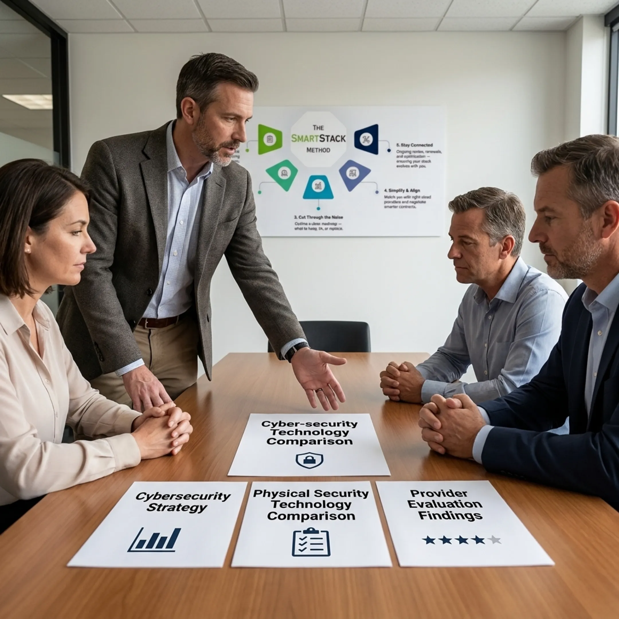 Advisor explaining security technology evaluation options to business stakeholders