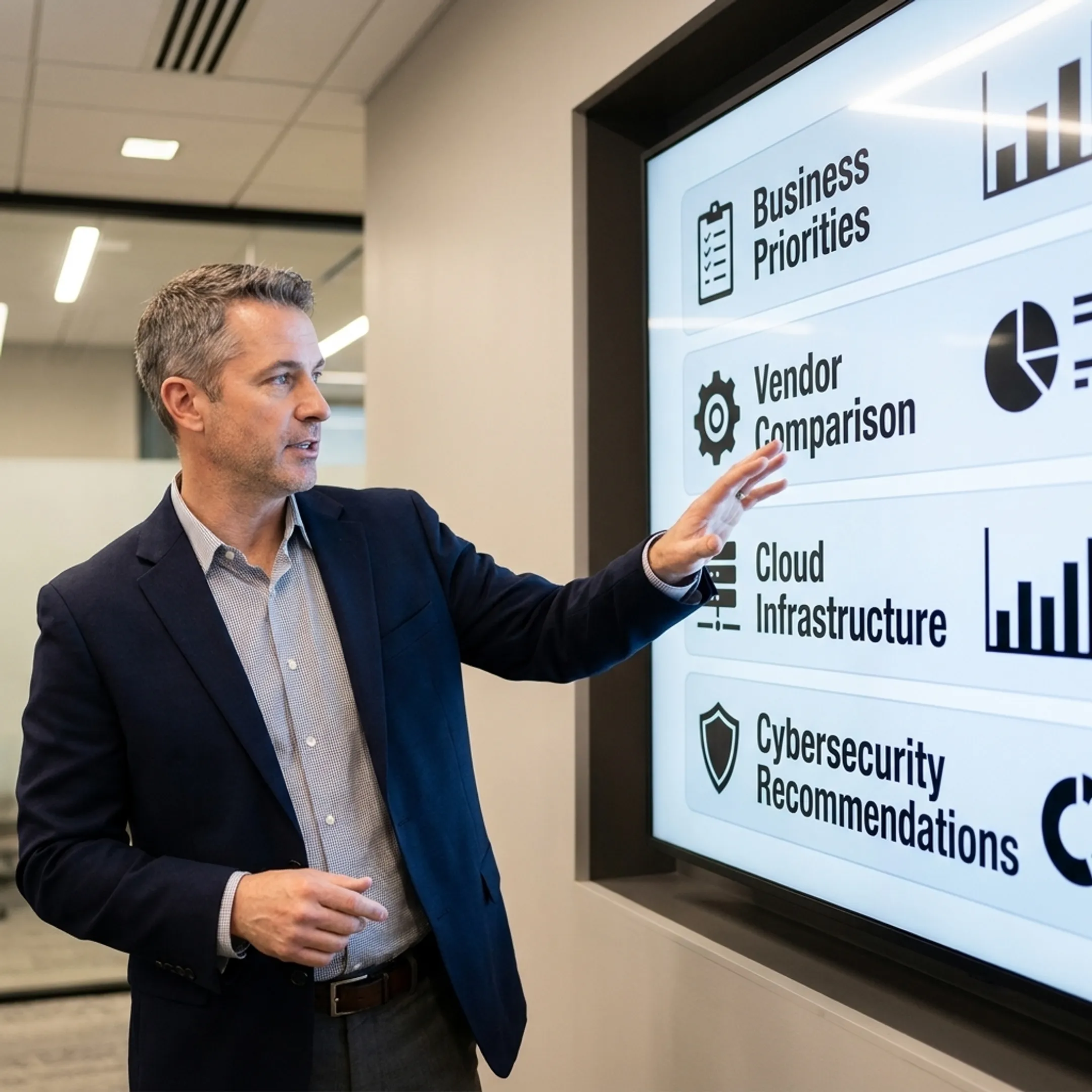Business leaders discussing an IT strategy and technology optimization recommendations