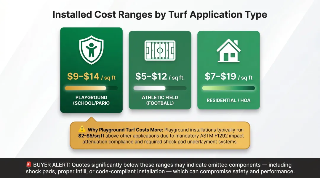 Artificial turf installation cost comparison by application type playground athletic residential