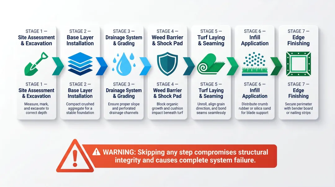 7-step artificial turf installation process flow from site assessment to edge finishing