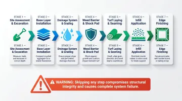7-step artificial turf installation process flow from site assessment to edge finishing