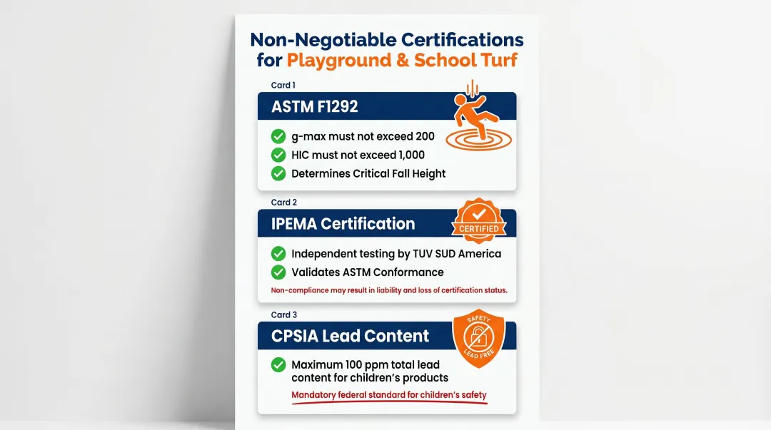 Three required playground turf certifications ASTM IPEMA and CPSIA compliance checklist infographic