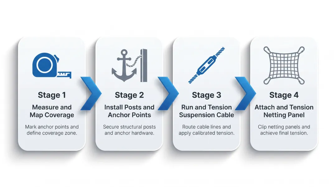 4-step baseball field extended netting installation process flow diagram