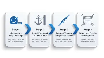 4-step baseball field extended netting installation process flow diagram