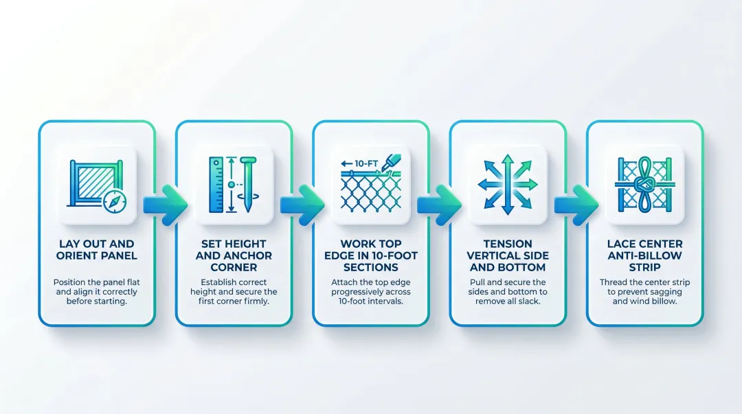 5-step tennis court windscreen installation process flow diagram