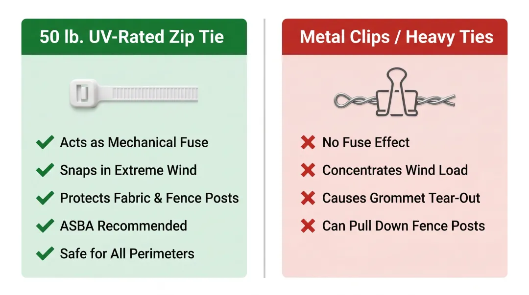 50 lb UV-rated zip tie versus metal clip tennis windscreen fastener comparison