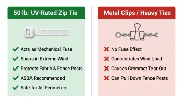 50 lb UV-rated zip tie versus metal clip tennis windscreen fastener comparison
