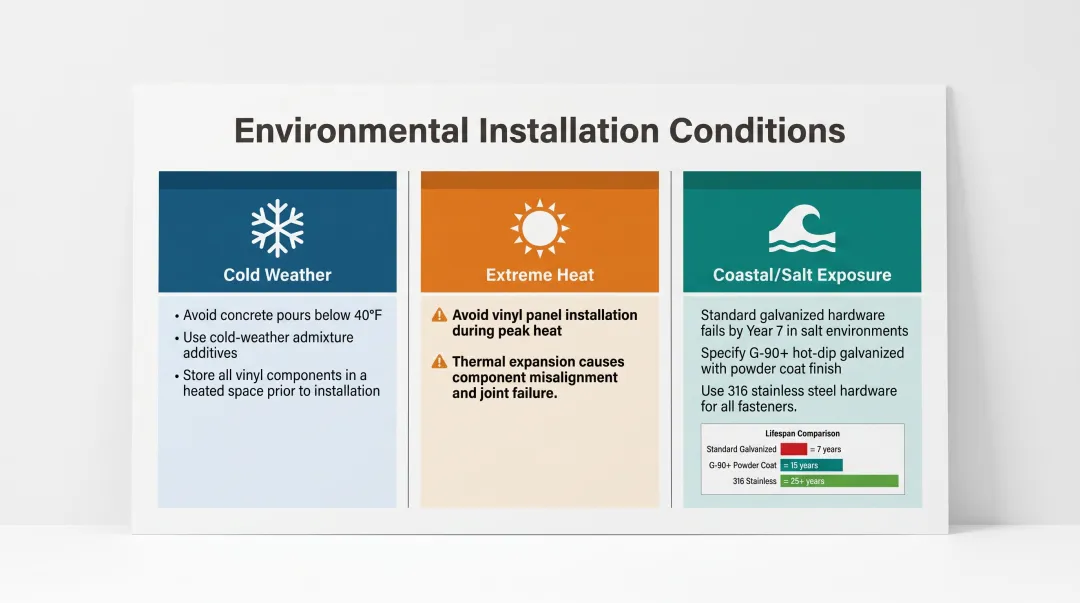 Fence installation environmental conditions cold weather heat coastal exposure guidelines comparison