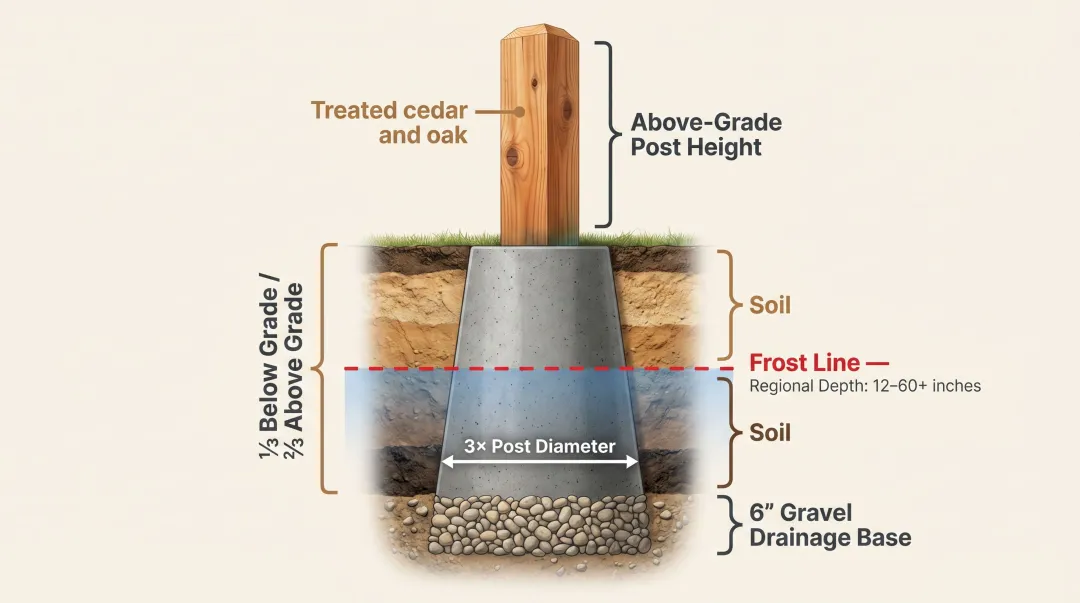 Fence post hole digging depth specifications frost line gravel base concrete footing diagram