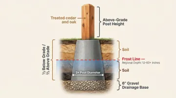 Fence post hole digging depth specifications frost line gravel base concrete footing diagram