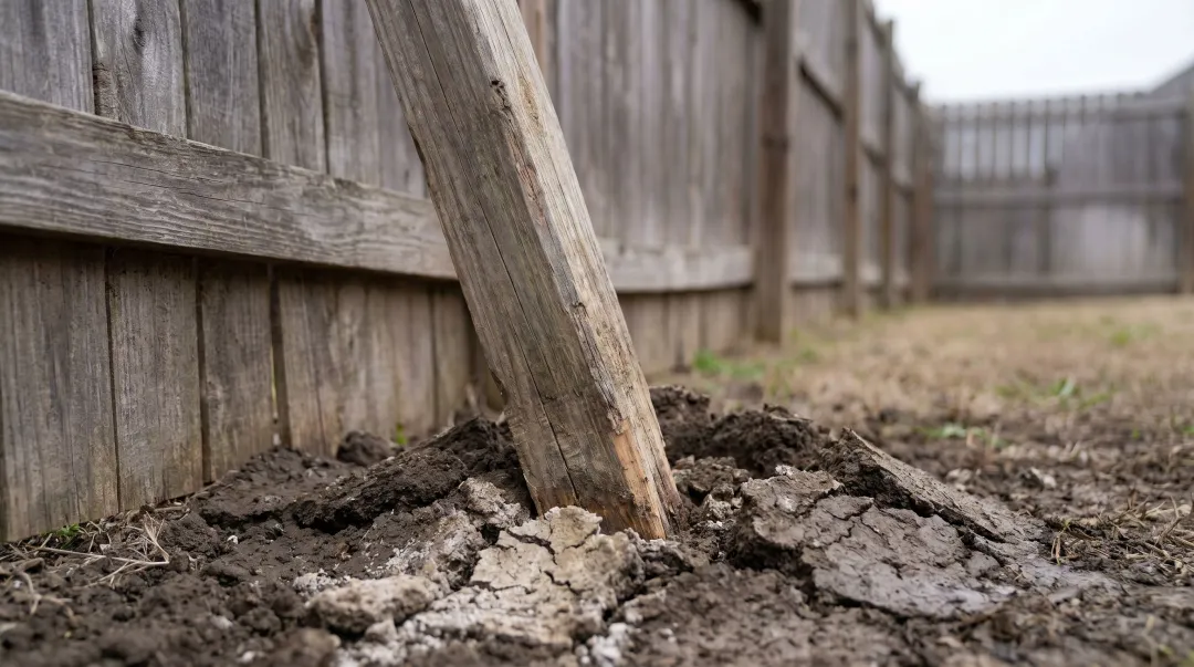Leaning wooden fence post with frost heave damage showing soil displacement at base