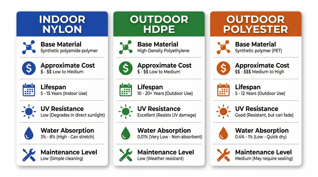 Indoor nylon versus outdoor HDPE and polyester sports net material comparison chart
