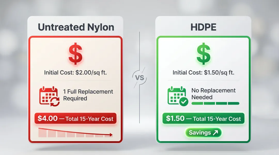 15-year total cost comparison untreated nylon versus HDPE outdoor sports netting