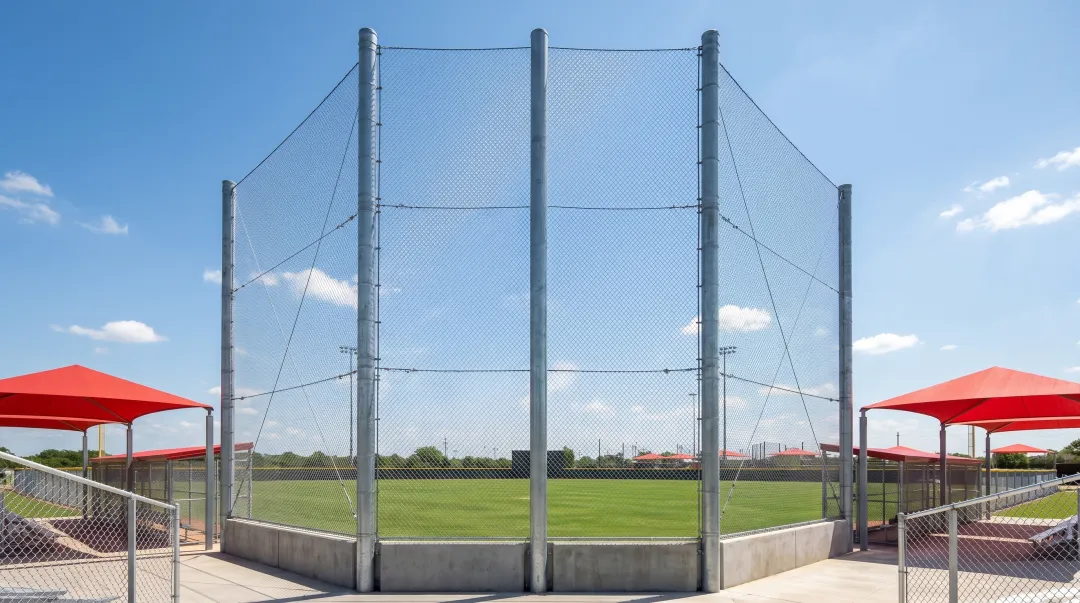 Outdoor sports facility baseball backstop netting installed in open field environment