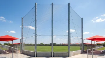 Outdoor sports facility baseball backstop netting installed in open field environment