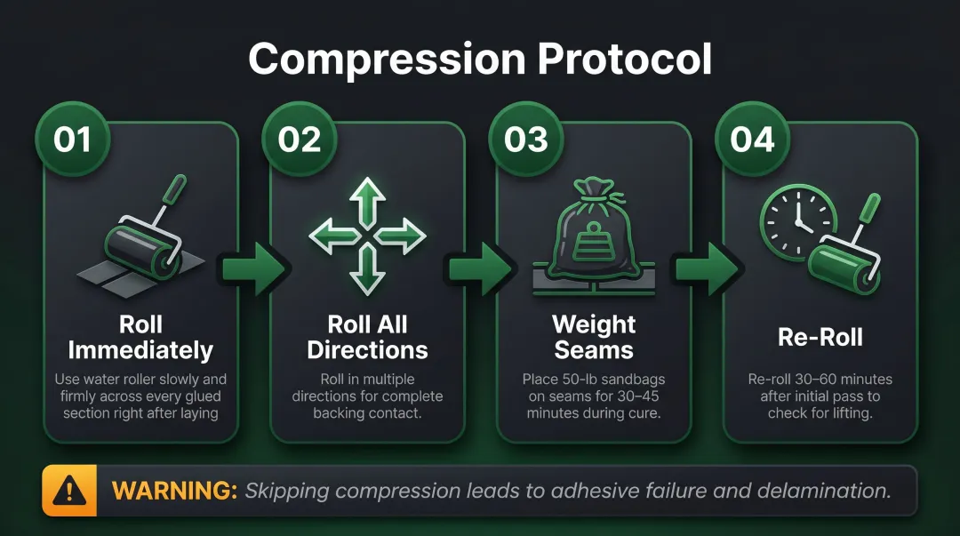 Four-step compression protocol process for securing artificial turf adhesive on concrete