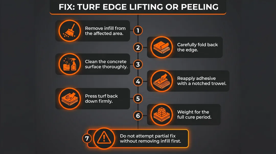 Seven-step artificial turf edge lifting repair process flow diagram