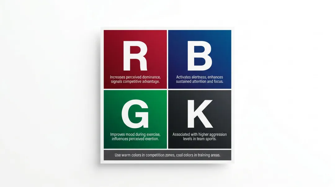 Color psychology guide for athletic facilities showing red blue green and black effects